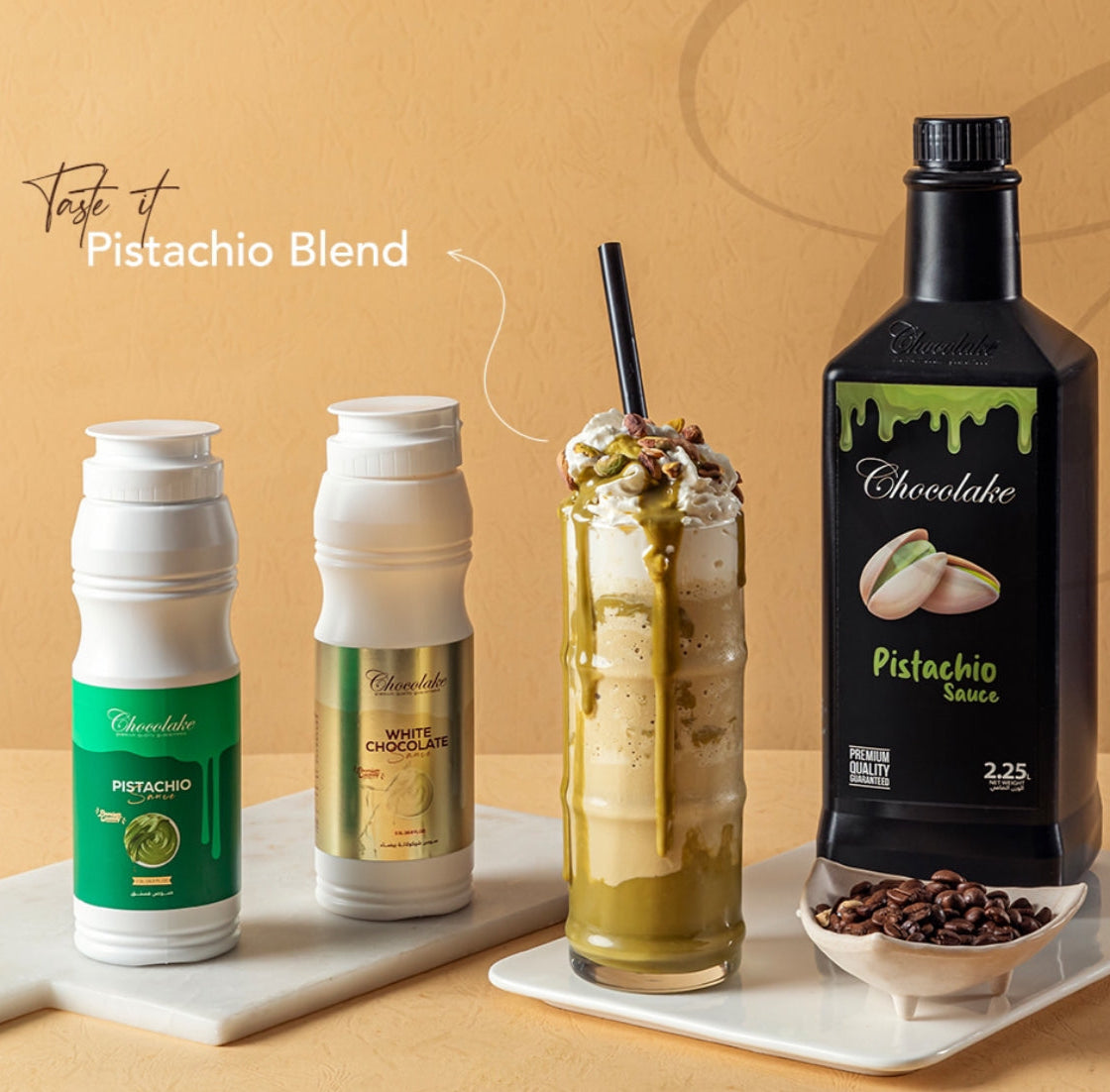 Pistachio Blend Chocolake products including bottles and a dessert on a beige background.